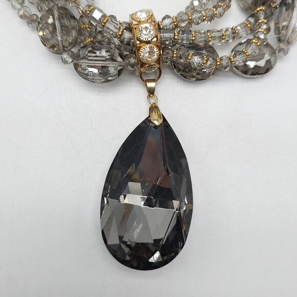 Elegant Multi-Strand Crystal Necklace Large Teardrop Pendant Adjustable Chain - Picture 2 of 9